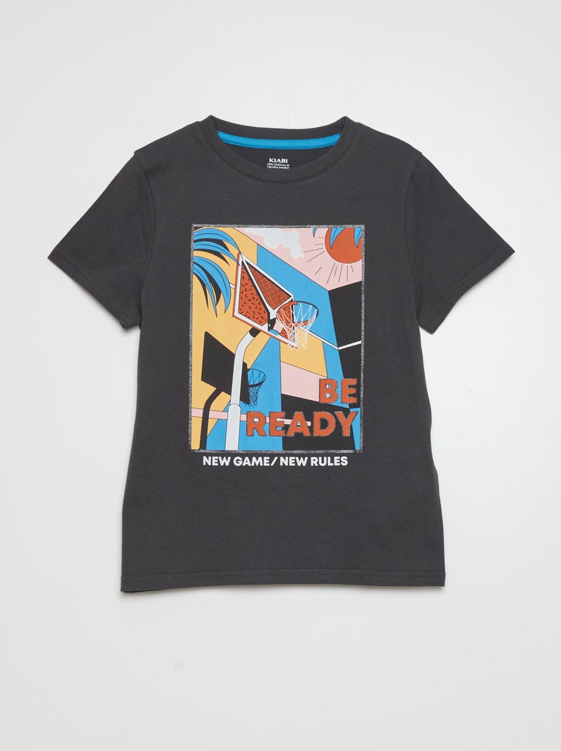 T-shirt à col rond et manches courtes Gris foncé - Kiabi