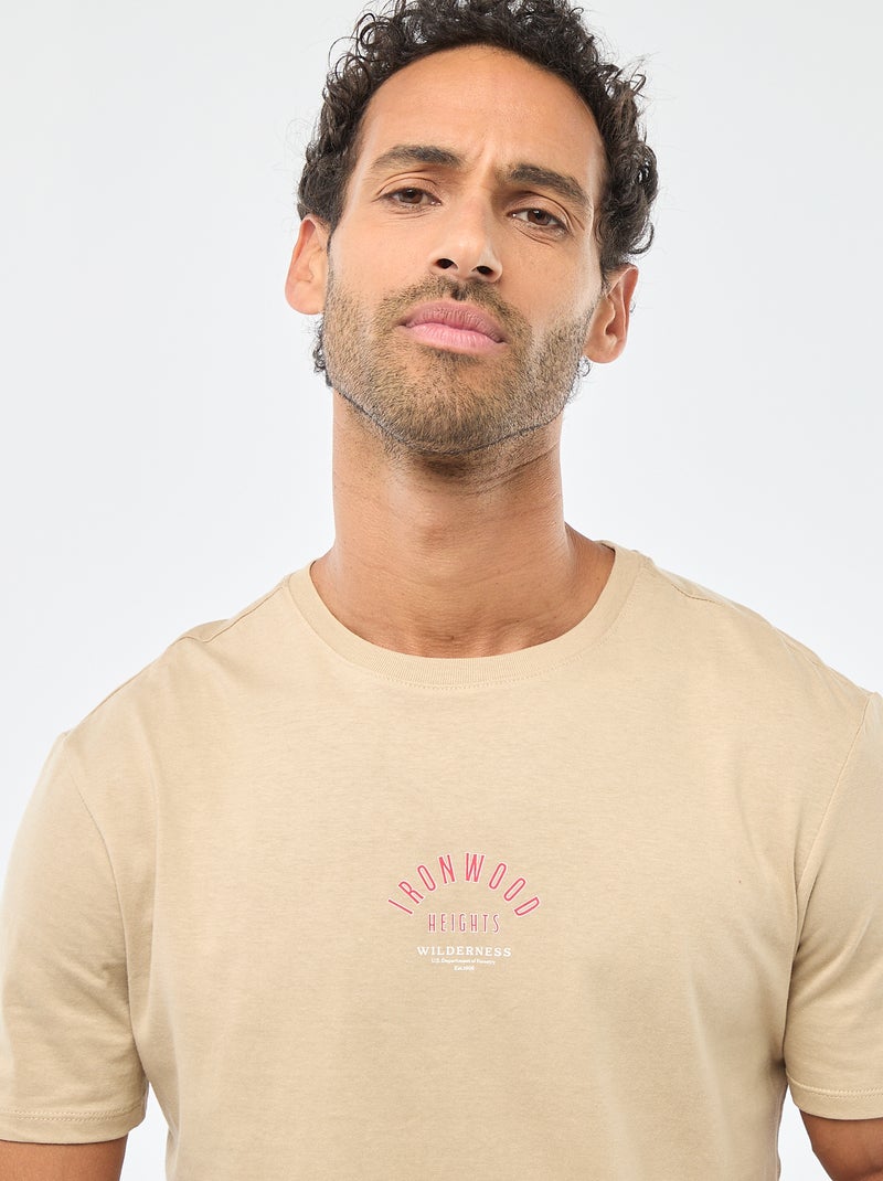 T-shirt à col rond et manches courtes imprimé Beige - Kiabi