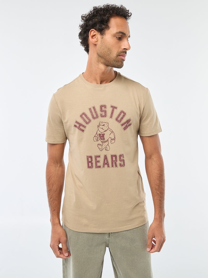 T-shirt à col rond et manches courtes imprimé Beige - Kiabi