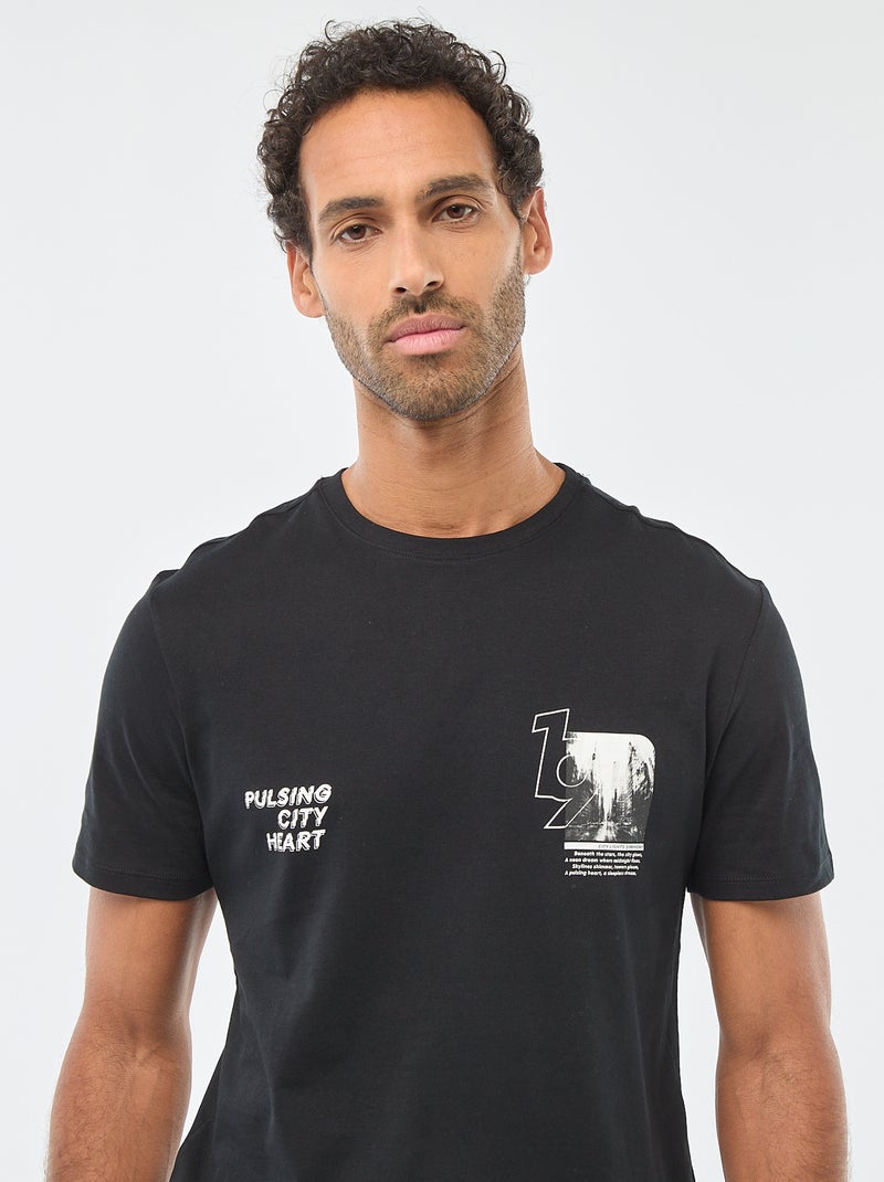 T-shirt à col rond et manches courtes imprimé Noir - Kiabi