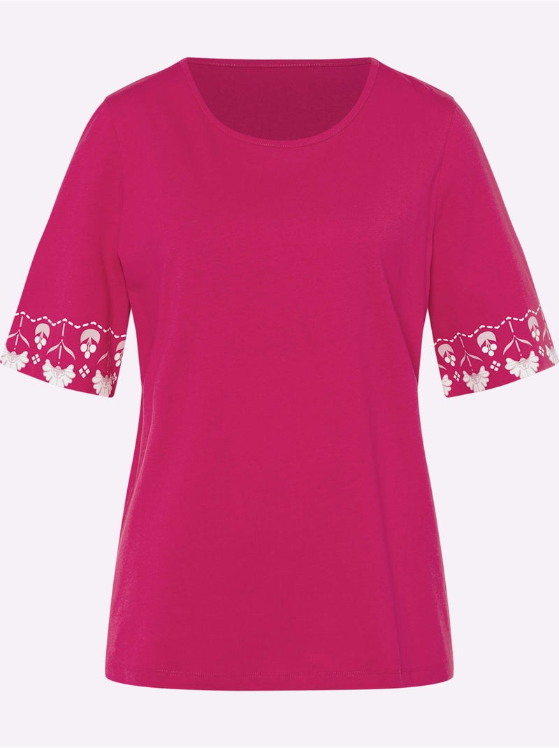 T-shirt à col rond et manches larges avec bordures imprimées - Taille standard - Moda Vilona Blanc Rose - Kiabi