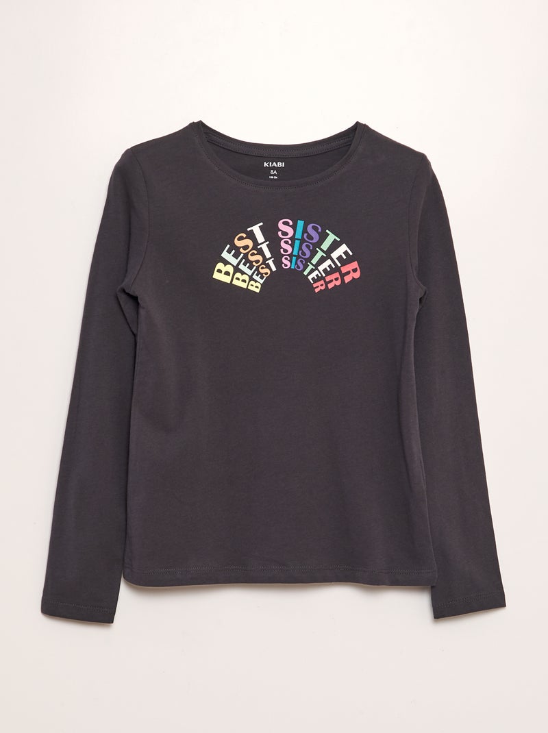 T-shirt à col rond et manches longues - Frère et sœur Gris foncé - Kiabi