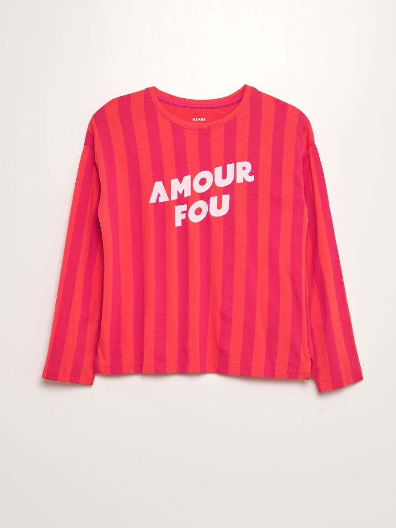 T-shirt à col rond et manches longues - Frère et sœur Rose à rayures - Kiabi