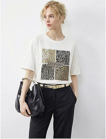 T-shirt à col rond et sequins imprimé léopard lucci