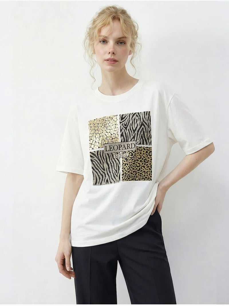 T-shirt à col rond et sequins imprimé léopard lucci Blanc - Kiabi