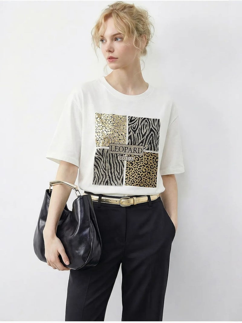 T-shirt à col rond et sequins imprimé léopard lucci Blanc - Kiabi