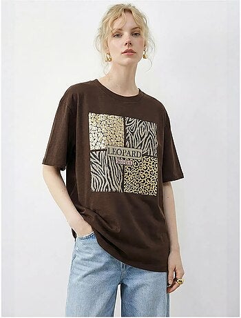 T-shirt à col rond et sequins imprimé léopard lucci