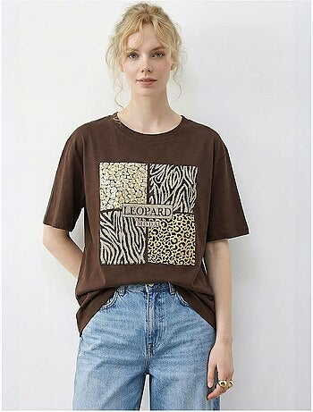 T-shirt à col rond et sequins imprimé léopard lucci