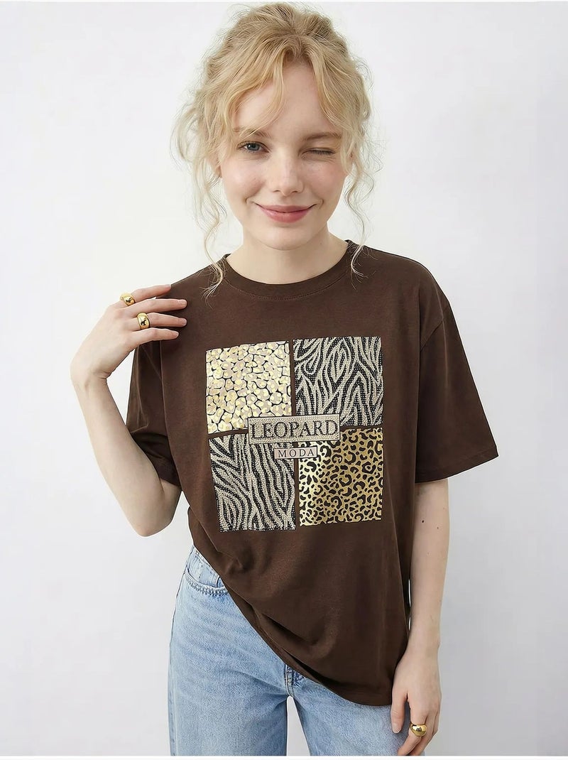 T-shirt à col rond et sequins imprimé léopard lucci Marron foncé - Kiabi