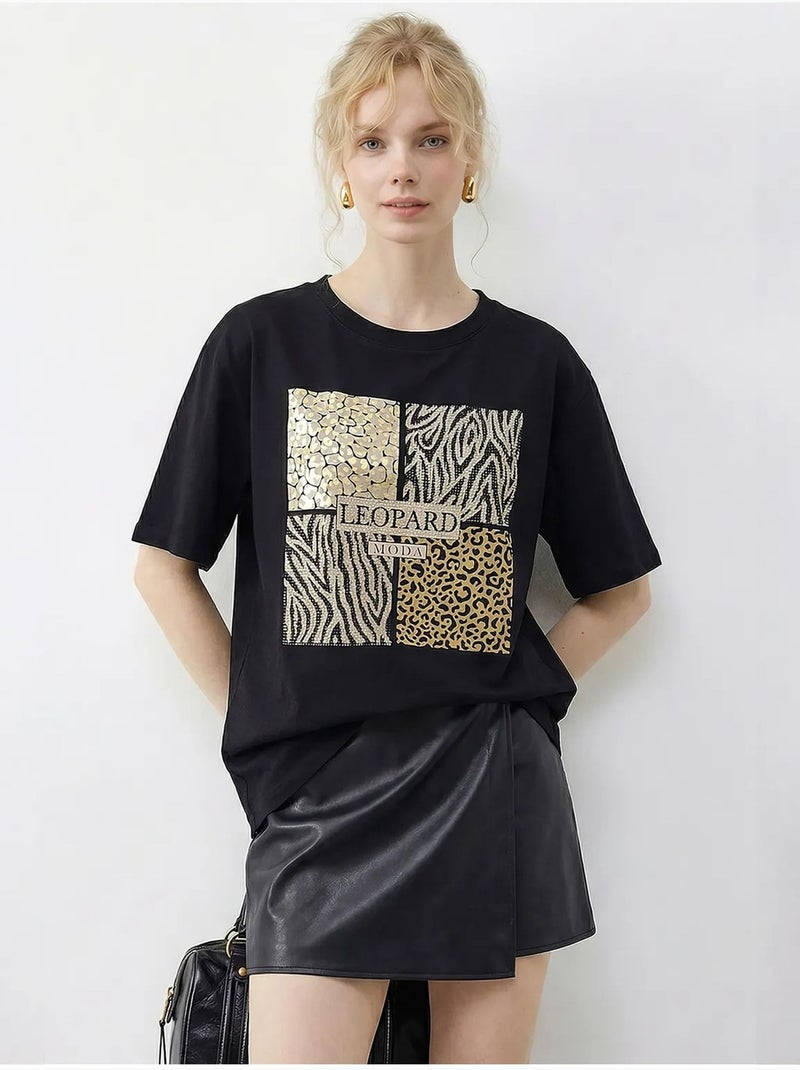 T-shirt à col rond et sequins imprimé léopard lucci Noir - Kiabi