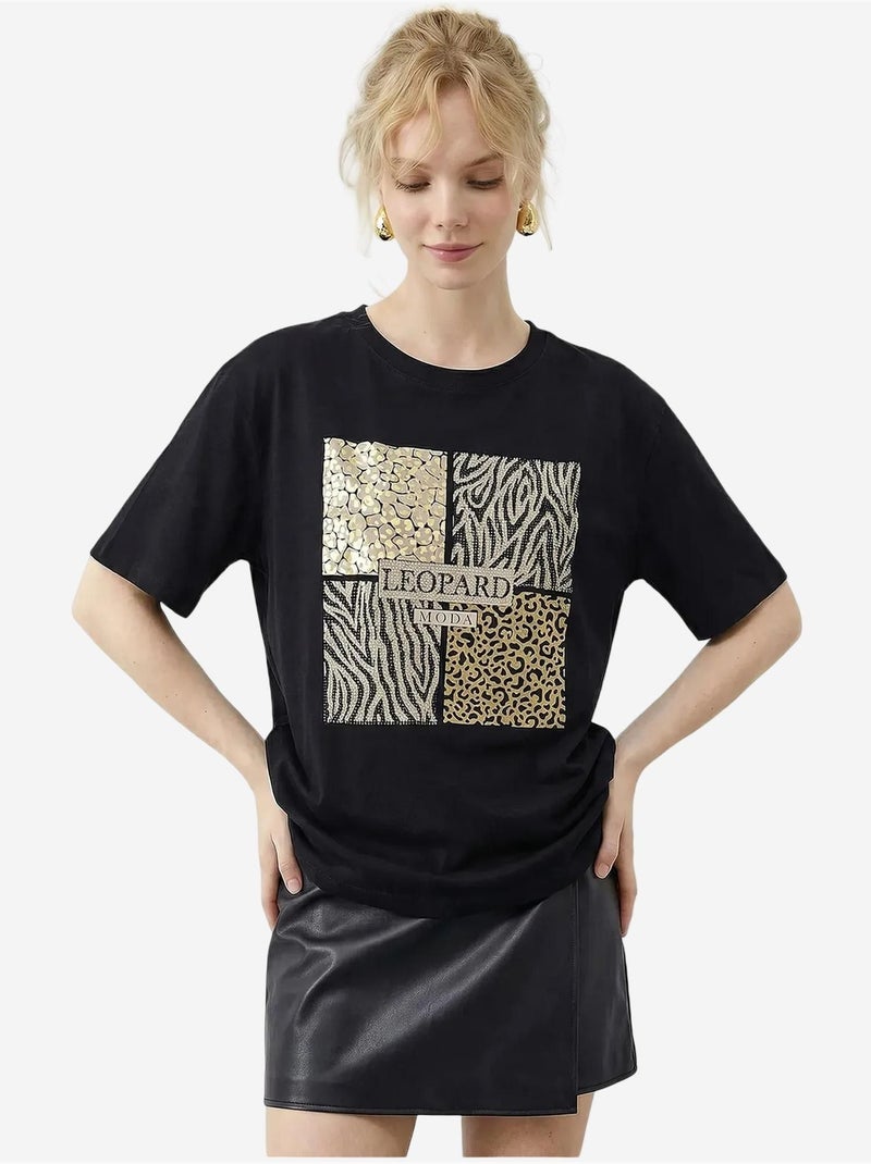 T-shirt à col rond et sequins imprimé léopard lucci Noir - Kiabi