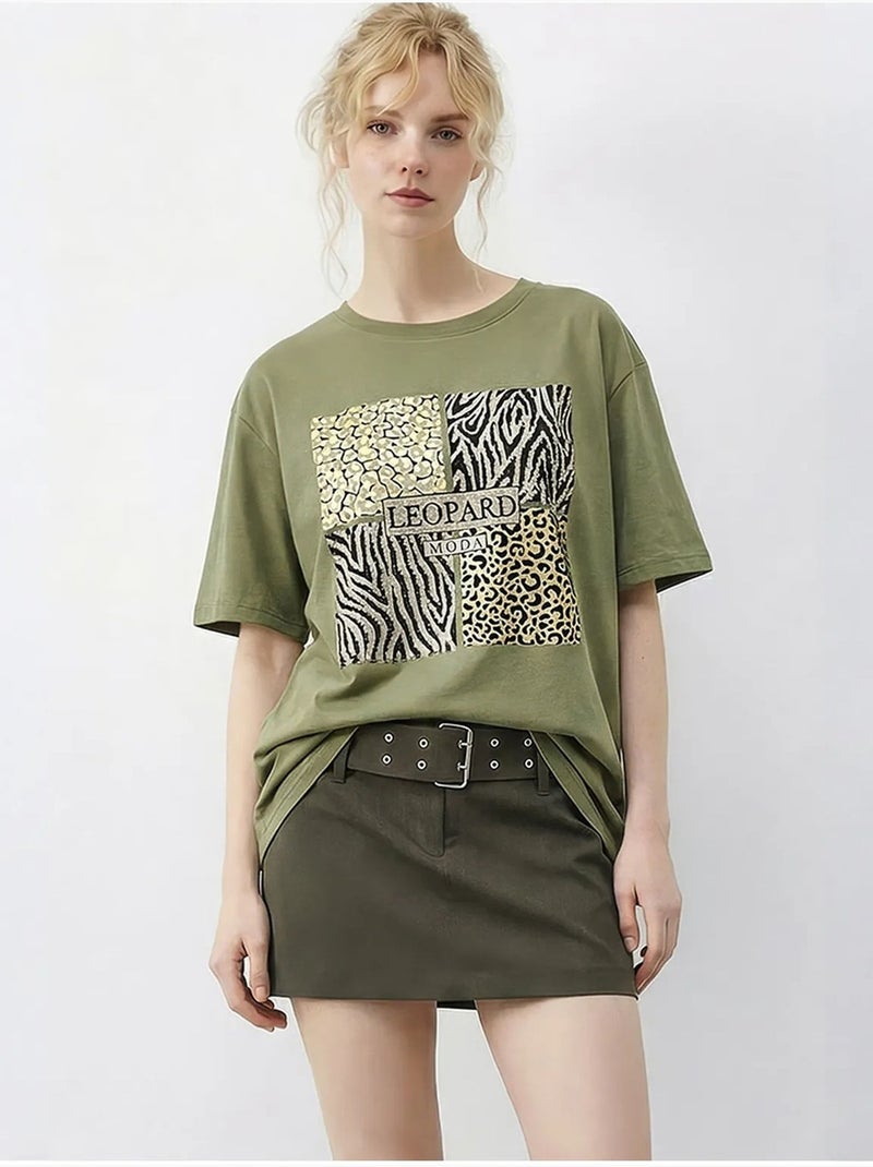 T-shirt à col rond et sequins imprimé léopard lucci Vert kaki - Kiabi