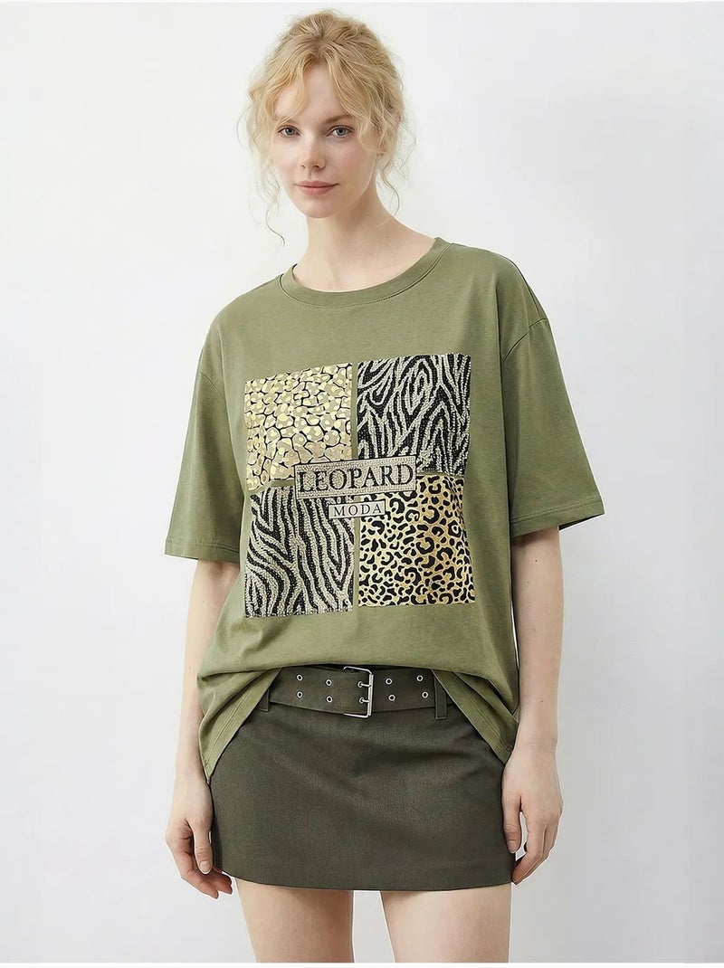 T-shirt à col rond et sequins imprimé léopard lucci Vert kaki - Kiabi