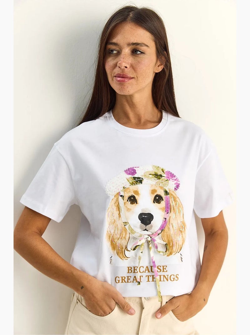 T-shirt à col rond imprimé à sequins lucci Blanc - Kiabi
