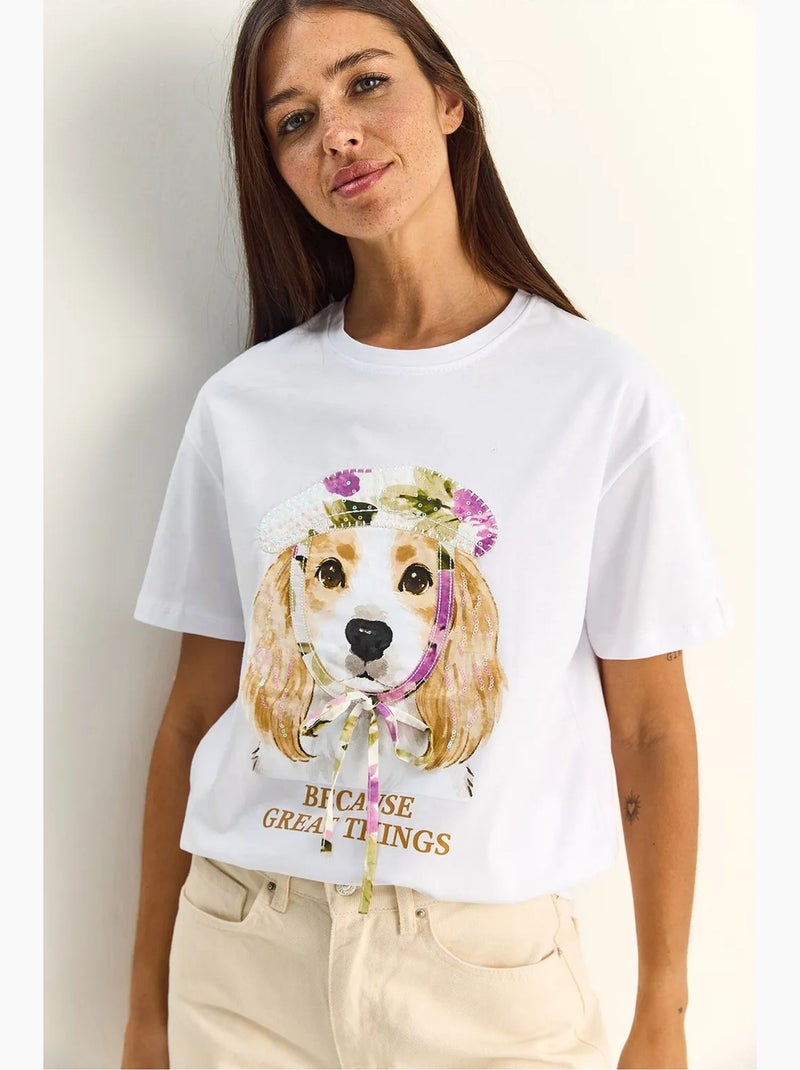 T-shirt à col rond imprimé à sequins lucci Blanc - Kiabi