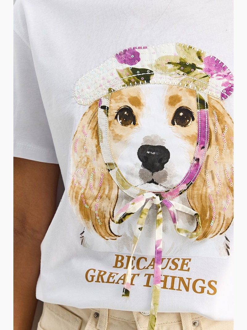 T-shirt à col rond imprimé à sequins lucci Blanc - Kiabi