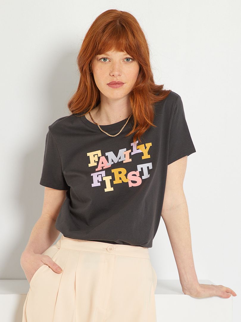 T-shirt à col rond imprimé Anthracite family - Kiabi