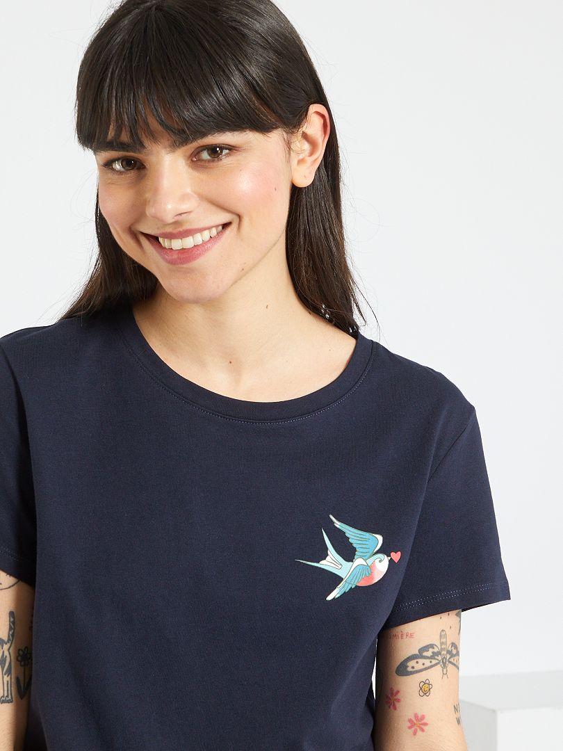 T-shirt à col rond imprimé Bleu oiseau - Kiabi