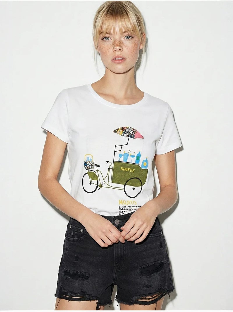 T-shirt à col rond imprimé brodé lucci Blanc - Kiabi