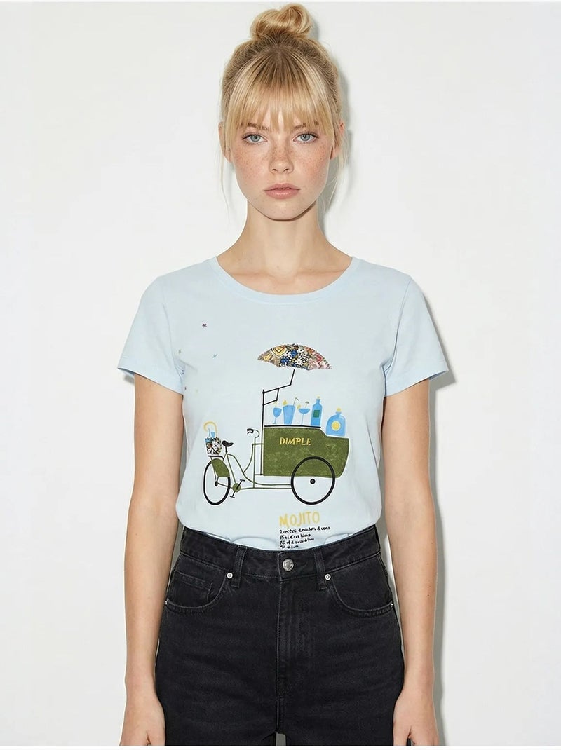 T-shirt à col rond imprimé brodé lucci Bleu ciel - Kiabi
