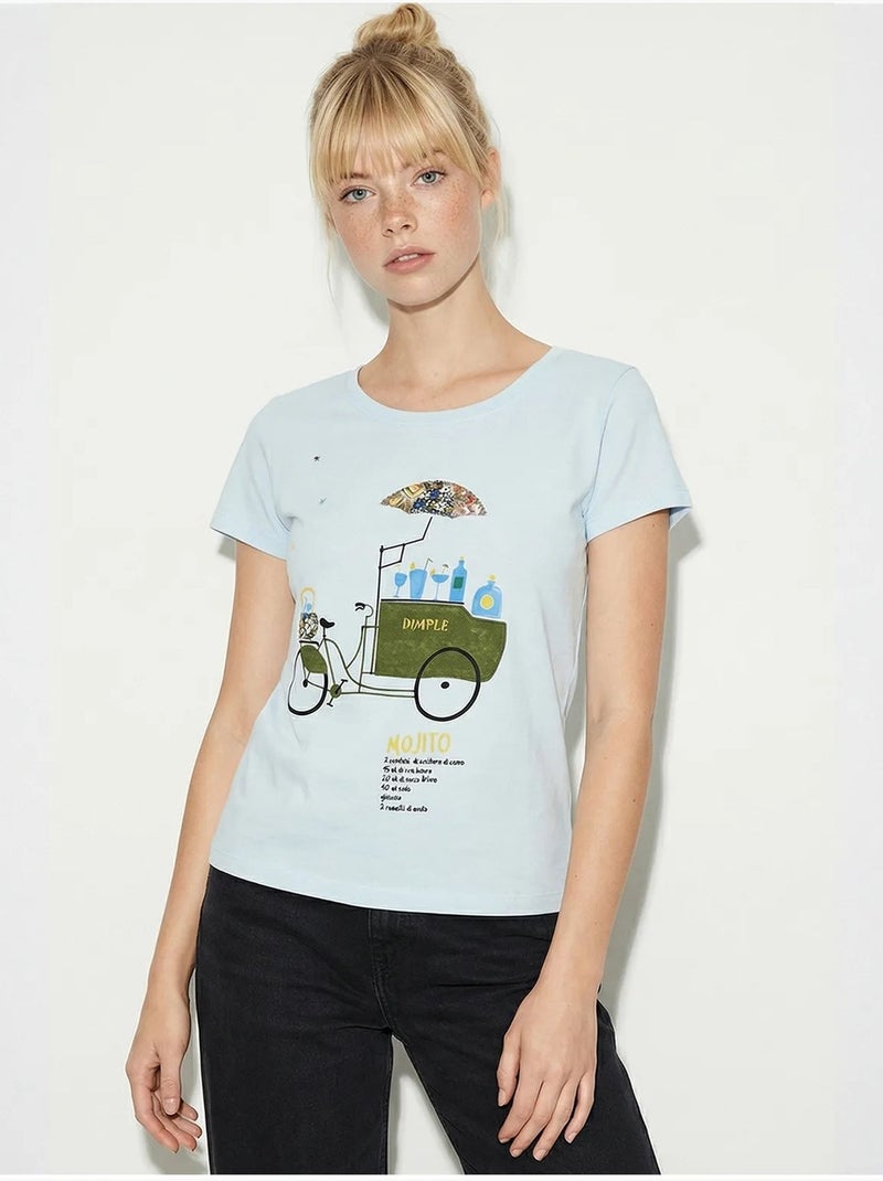 T-shirt à col rond imprimé brodé lucci Bleu ciel - Kiabi