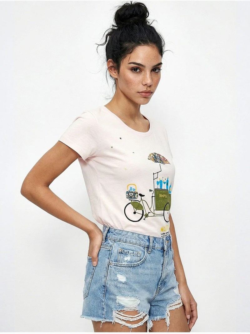 T-shirt à col rond imprimé brodé lucci Rose pâle - Kiabi