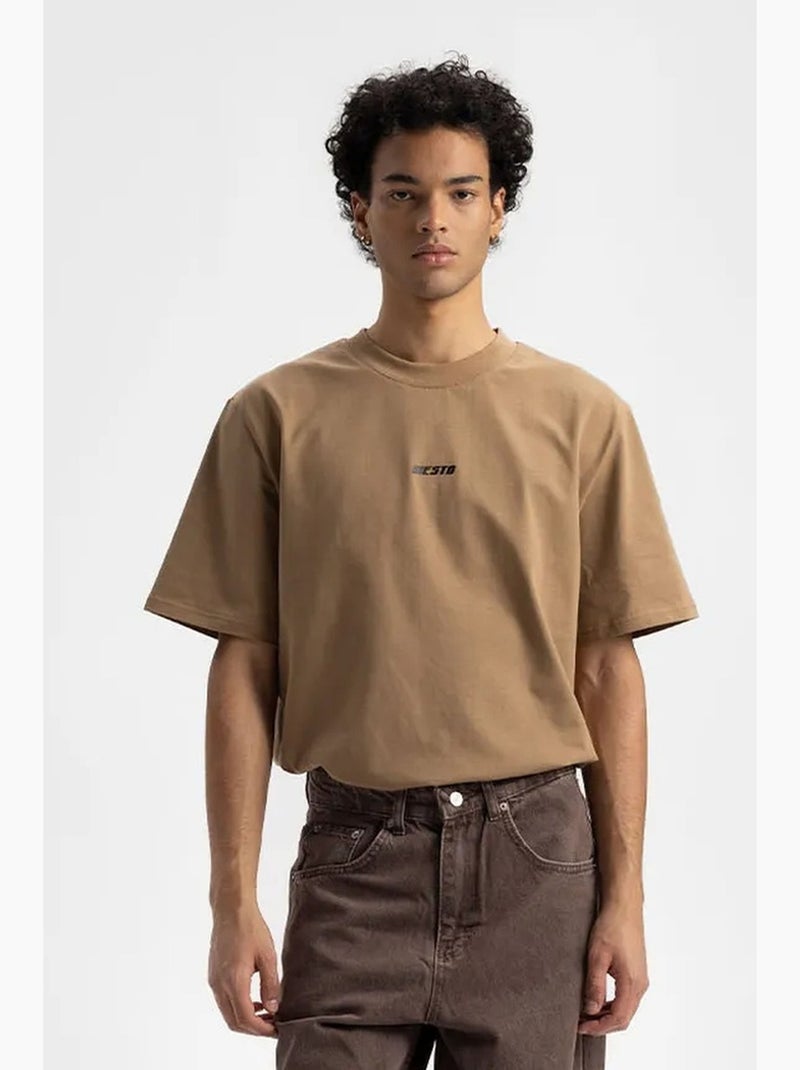 T-shirt à col rond imprimé logo coupe décontractée giesto Camel - Kiabi