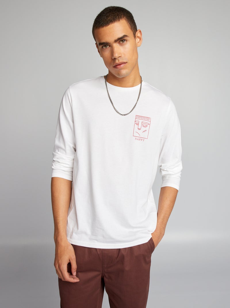 T-shirt à col rond manches longues Blanc - Kiabi
