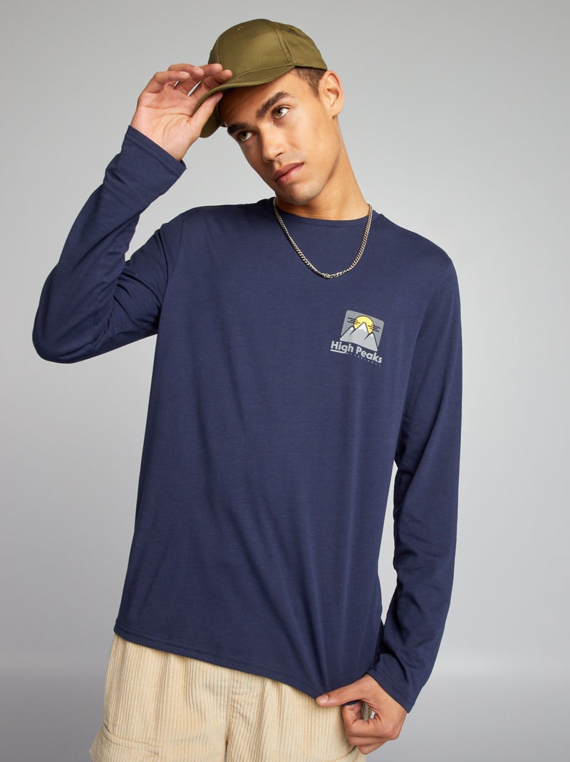 T-shirt à col rond manches longues Bleu foncé - Kiabi