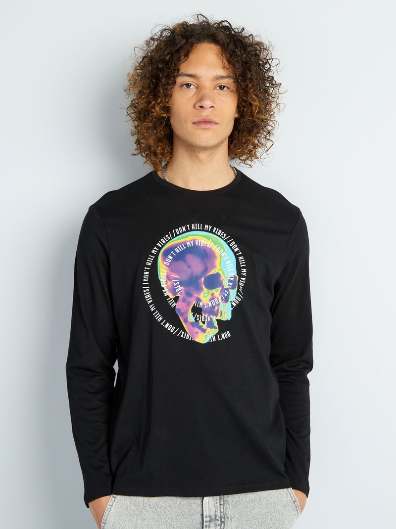 T-shirt à col rond manches longues Noir - Kiabi