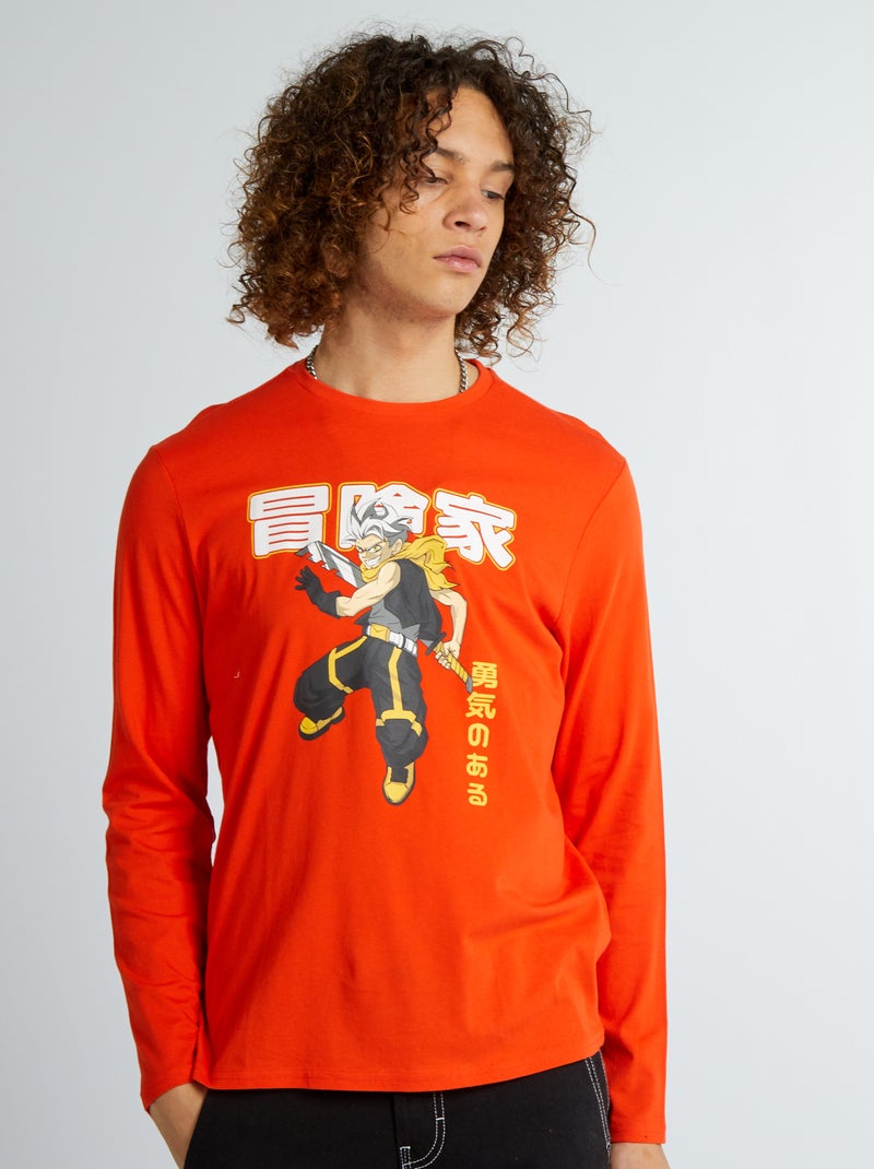 T-shirt à col rond manches longues Orange - Kiabi