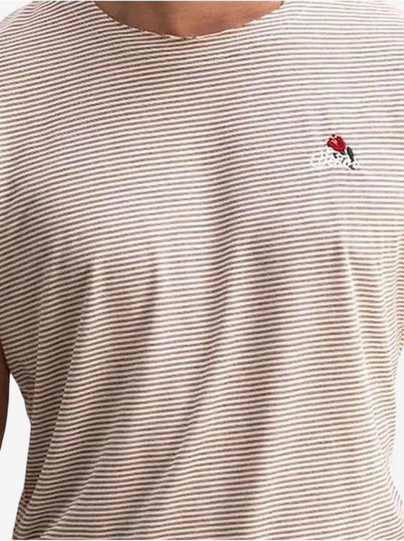 T-shirt à col rond rayé avec broderie giesto Marron clair - Kiabi