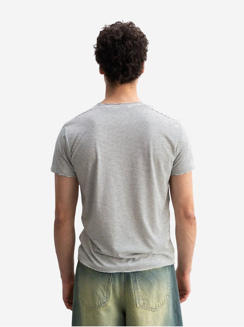 T-shirt à col rond rayé brodé giesto Kaki - Kiabi