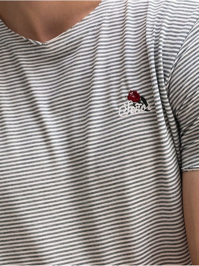T-shirt à col rond rayé brodé giesto Kaki - Kiabi