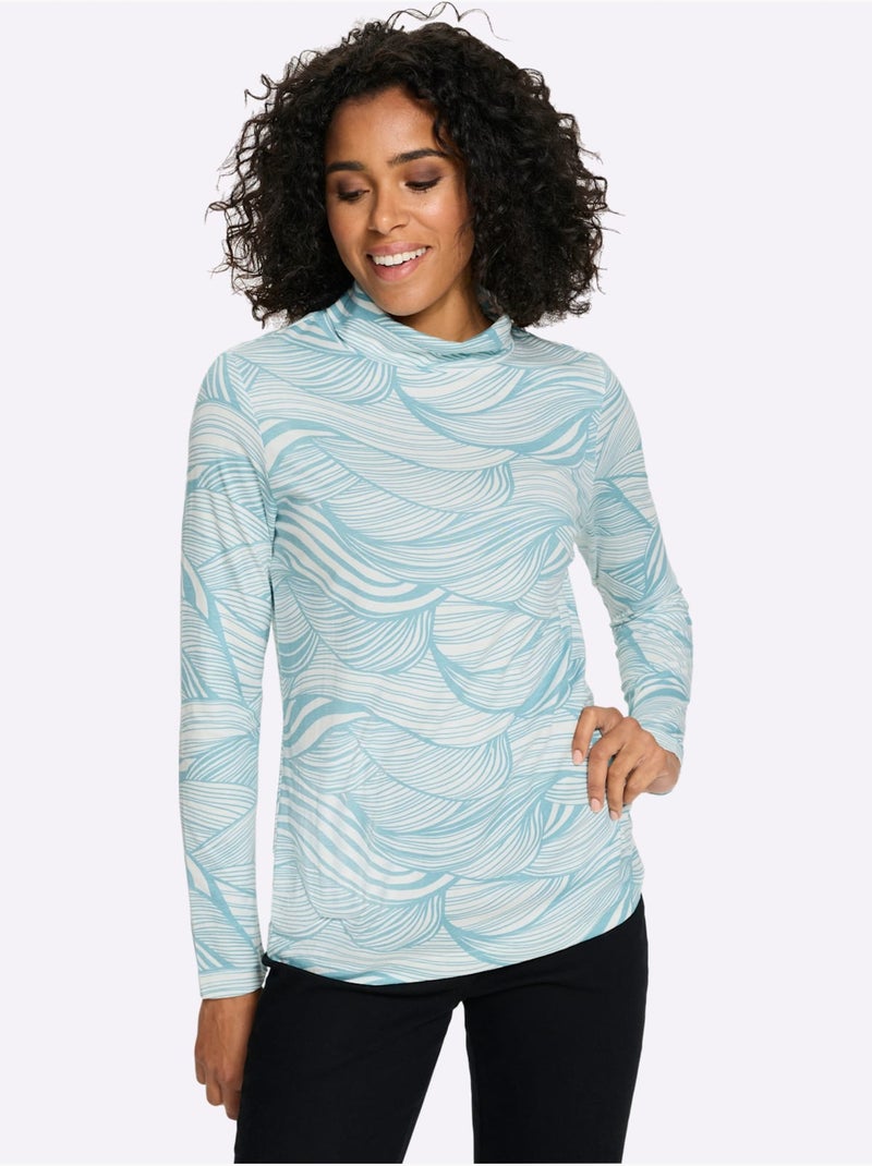 T-shirt à Col Roulé Col Roulé Flatteur - Taille Standard - Moda Vilona Bleu Ecru - Kiabi