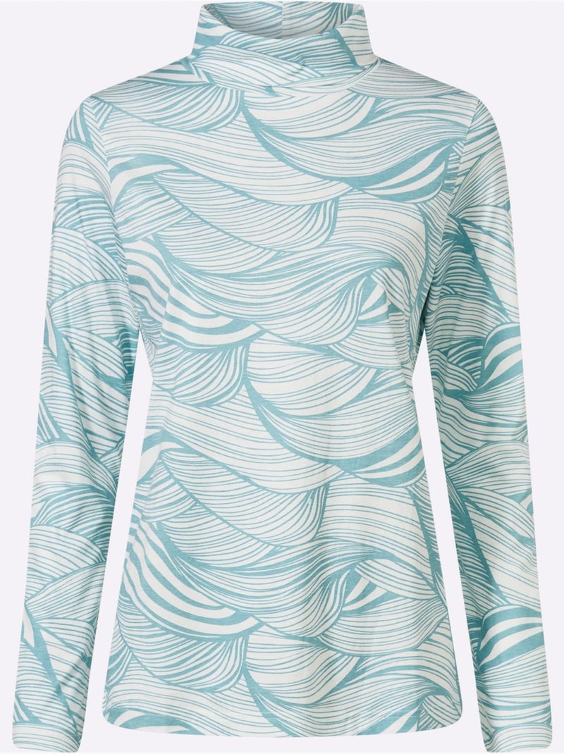 T-shirt à Col Roulé Col Roulé Flatteur - Taille Standard - Moda Vilona Bleu Ecru - Kiabi