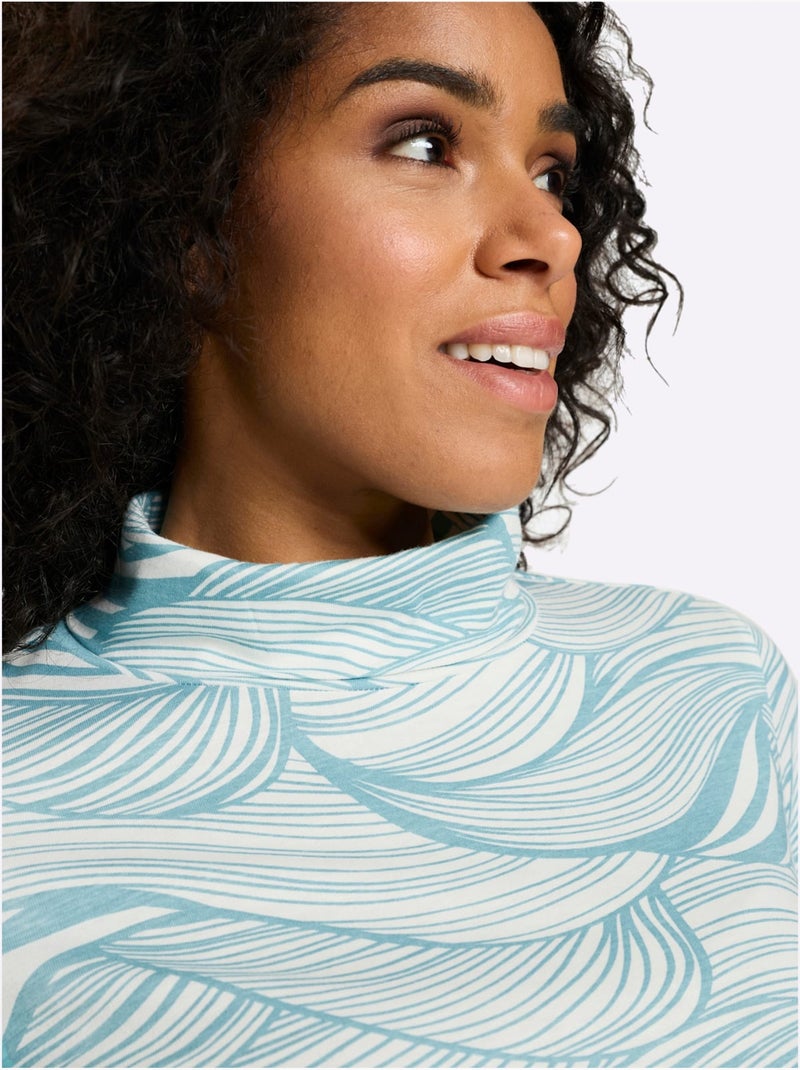 T-shirt à Col Roulé Col Roulé Flatteur - Taille Standard - Moda Vilona Bleu Ecru - Kiabi