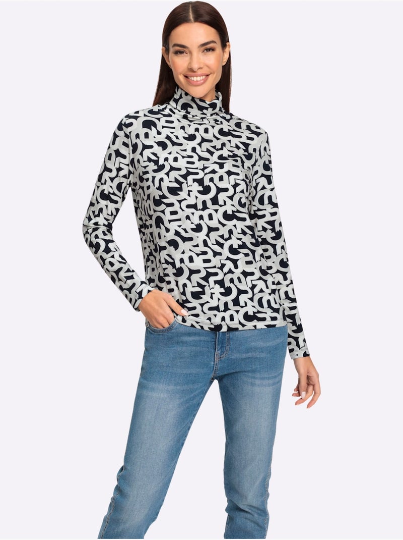 T-shirt à Col Roulé Motif Imprimé Exclusif - Taille Standard - Helline Ecru/Marine - Kiabi