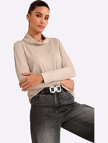 T-shirt à col roulé petites pierres brillantes fantaisie - taille standard - helline