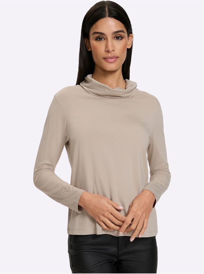 T-shirt à col roulé petites pierres brillantes fantaisie - taille standard - helline Beige - Kiabi