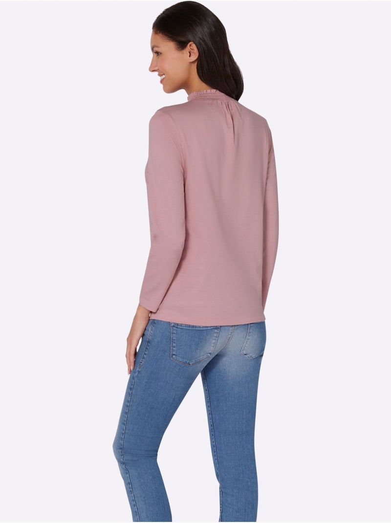 T-shirt à col smocké avec manches longues et fronces - taille standard - moda vilona Rose - Kiabi