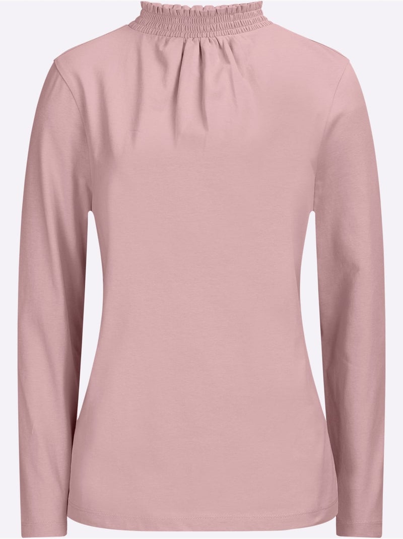 T-shirt à col smocké avec manches longues et fronces - taille standard - moda vilona Rose - Kiabi