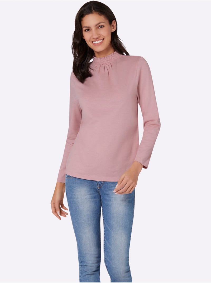 T-shirt à col smocké avec manches longues et fronces - taille standard - moda vilona Rose - Kiabi