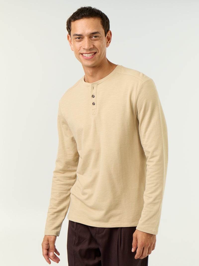 T-shirt à col tunisien à manches longues Beige - Kiabi