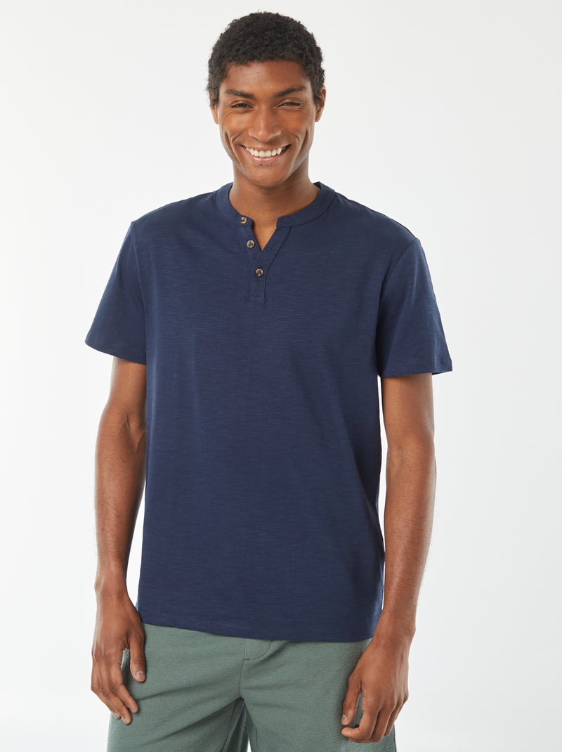 T-shirt à col tunisien manches courtes Bleu marine - Kiabi