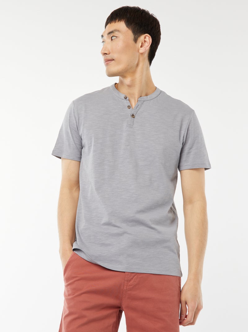 T-shirt à col tunisien manches courtes Gris bleuté - Kiabi