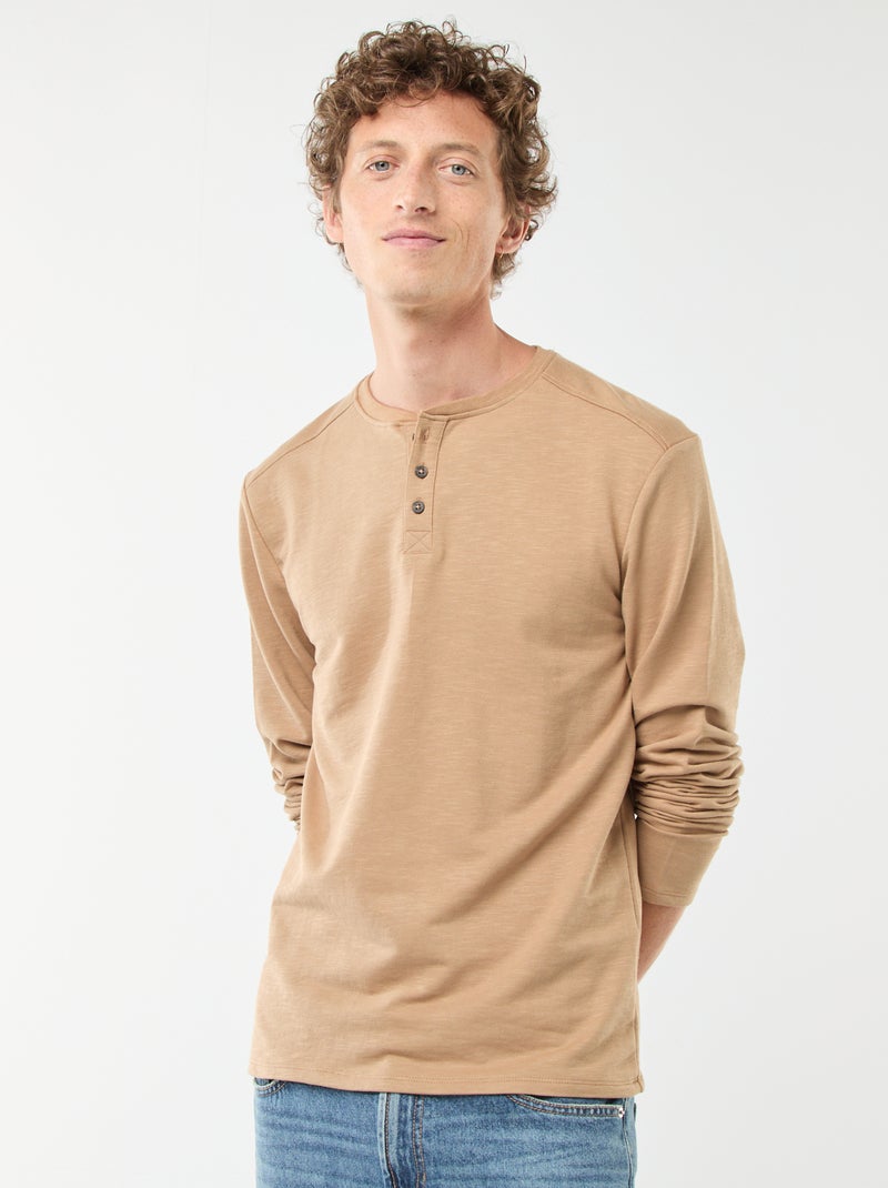 T-shirt à col tunisien manches longues Beige - Kiabi