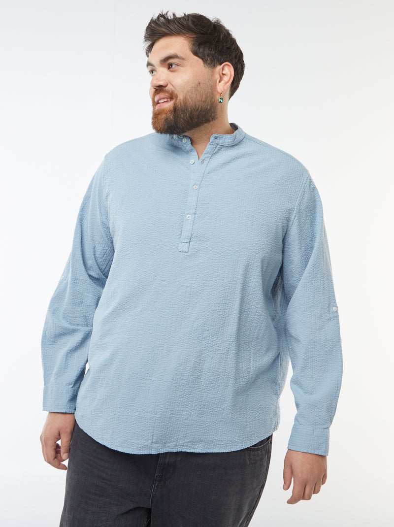 T-shirt à col tunisien matière type crépon Bleu - Kiabi
