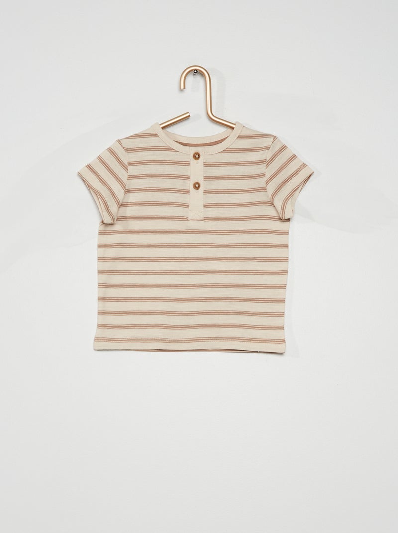T-shirt à col tunisien rayé beige - Kiabi