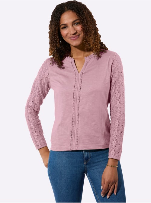 T-shirt à col V avec dentelle et manches longues - Taille standard - Witt - Kiabi